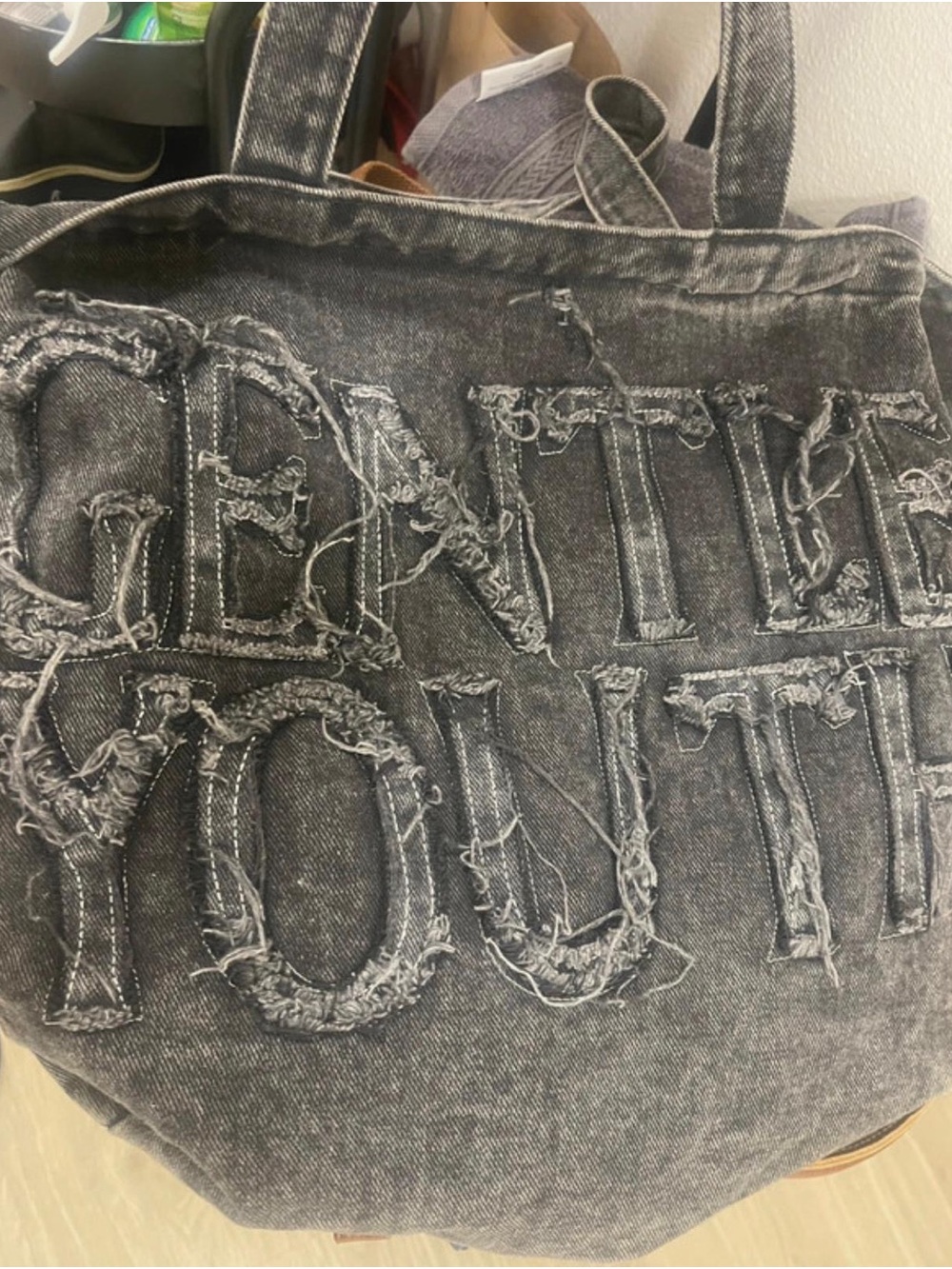 Gentle Youth Denim Tote Bag with Frayed Lettering - Black